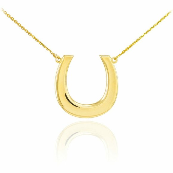 Element Shine Jewelry - 14k Solid Gold Open Horseshoe Horse Shoe Lucky Pendant Necklace
